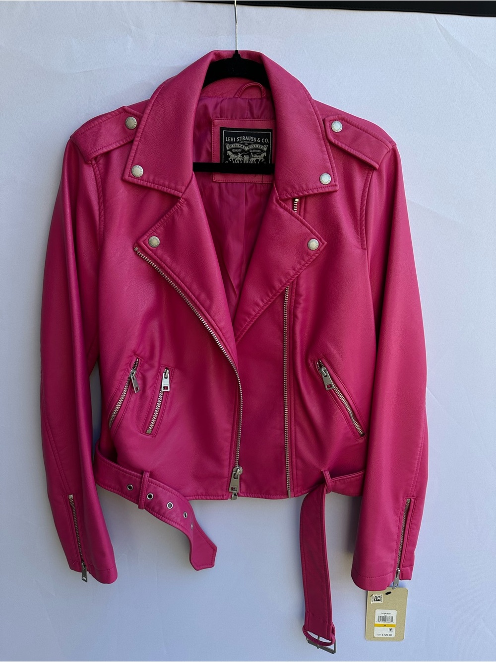 Levi's Bright Pink Faux Leather Moto Jacket with Belt